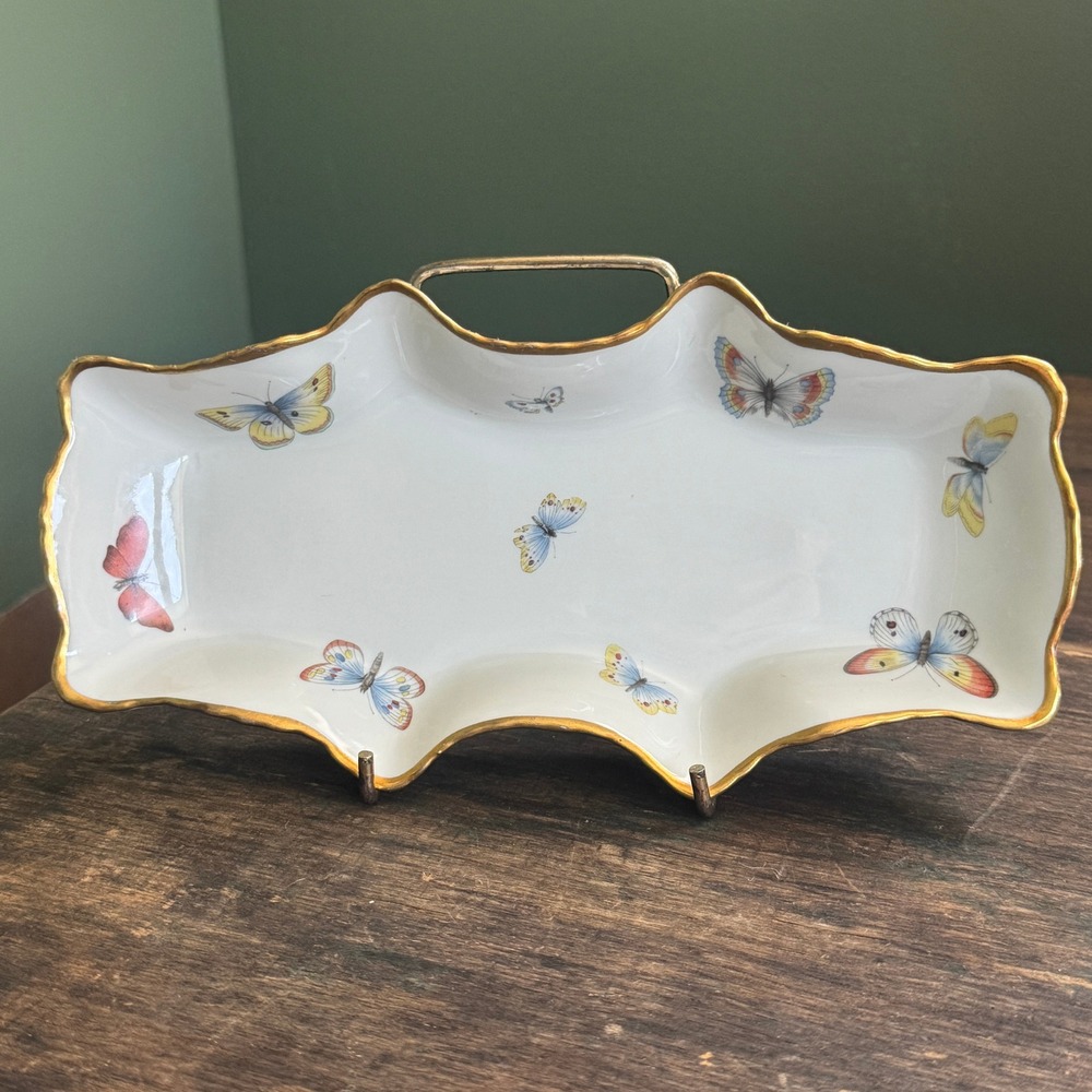 Limoges France Porcelain Butterfly Trinket Dish Scalloped Gold Gilt Rim Tray